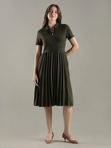 Polyester Polo Collar Midi Dress