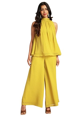 Janasya Women's Yellow Dobby Chiffon Solid Co-ord Set(SET916-CO-ORD-L)