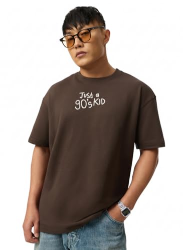 The Souled Store Flashback Fits: A 90's Kid Men and Boys Short Sleeves Round Neck Dark Brown Graphic Printed 90s Nostalgia Casual Lightweight Drop Shoulder Streetwear Trendy Cotton Oversized T-Shirt