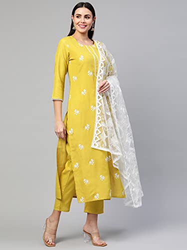 GoSriKi Women's Cotton Blend Embroidered Kurta with Pant & Dupatta (Mukund Yellow_L-Go_Yellow_Large)