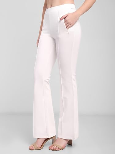 Latin Quarters Women's White Solid Casual High Rise Full Length Trouser_S