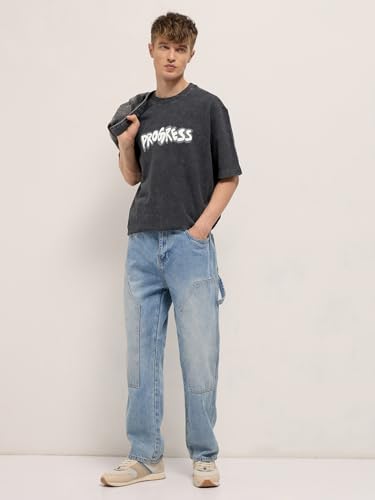 THE BEAR HOUSE Men's Oversized Fit Black Letter Graphic Cotton T-Shirt