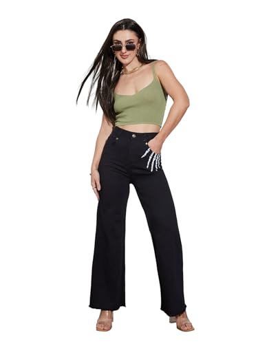 Miss Chase Women's Wide Leg High Rise Hand Painted Skeleton Art Stretchable Denim Jeans (MCSS18DEN02-19-342-30, Shadow Black, 30)