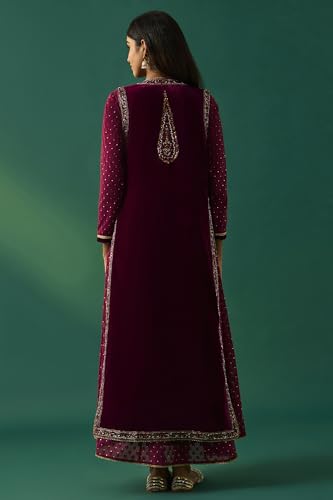 Wishful Women's Maroon Embroidered Anarkali Gilet with Dress and Churidar Set - (SP12855-218120-XXL)