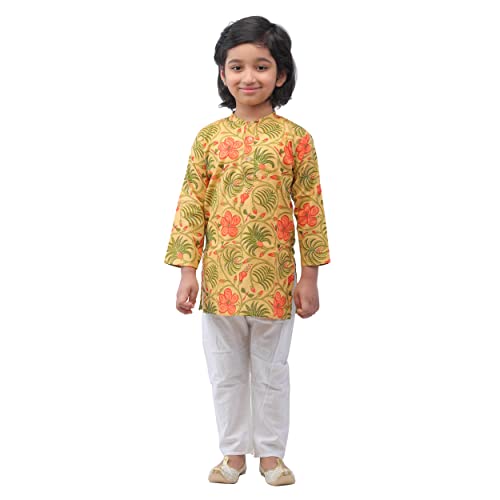 AHHAAAA Kids Ethnic Cotton Printed Kurta Pyjama Set for Boys 817 (Mustard, 18-24 Months)