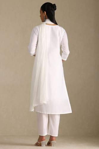 Soch Womens White Art Silk Embroidered Suit Set With Sequins