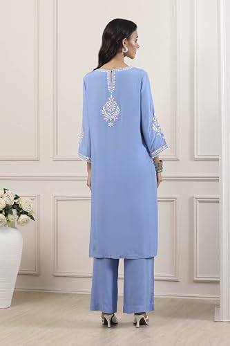 Biba Women Blue Poly Viscose Straight Suit Set_36