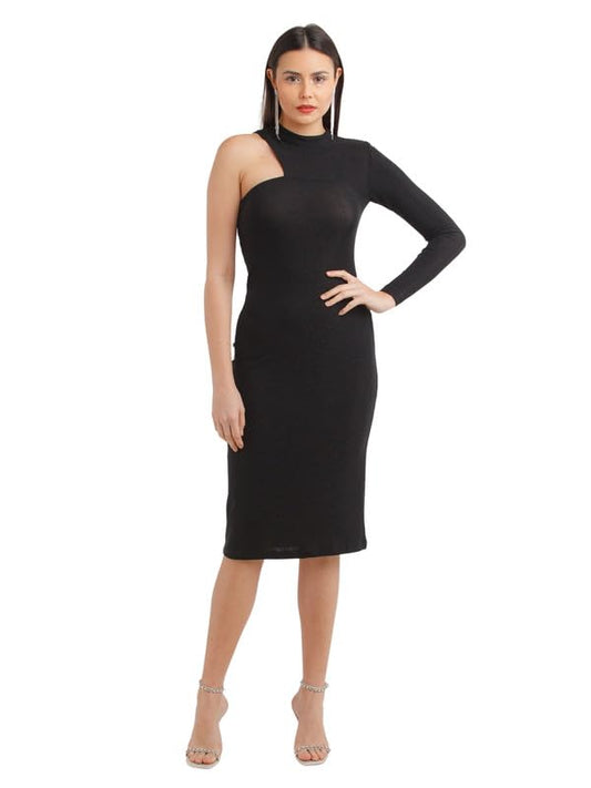 Zink Z Women's Black Shimmer One Shoulder Midi Dress