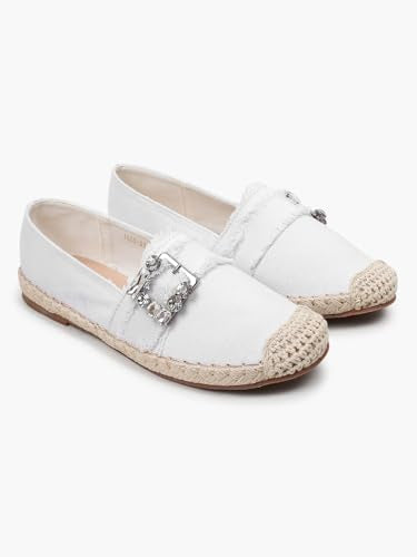 KLAUR MELBOURNE Women’s Denim-Style Espadrille Flats – Casual Slip-On Loafers with Rhinestone Buckle Edge Detail White