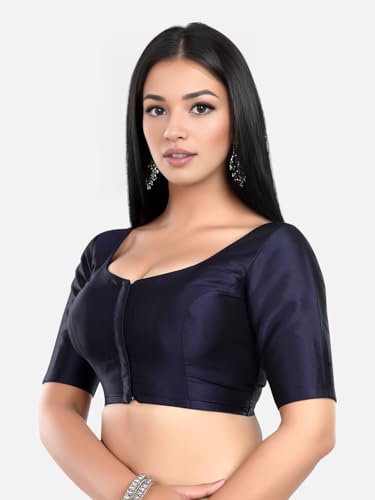 Biyu Women's Silk Solid Plain Half Sleeves Round Neck Readymade Saree Blouse (Navy Blue, 40)