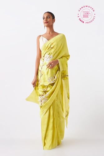 Taneira Women Light Green Silk Hand Painted Saree with Hand Embroidery Highlights Accentuating The Motifs (SHH07I00003-Light Green)