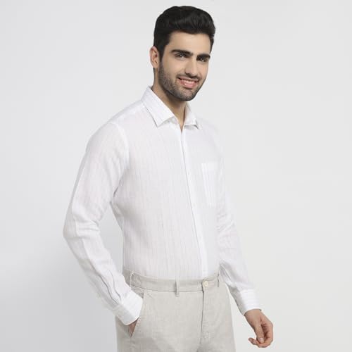 Raymond Men Contemporary Fit Stripe Pattern Pure Linen Semicutaway Collar Full Sleeve Apple Cut Formal Shirt White