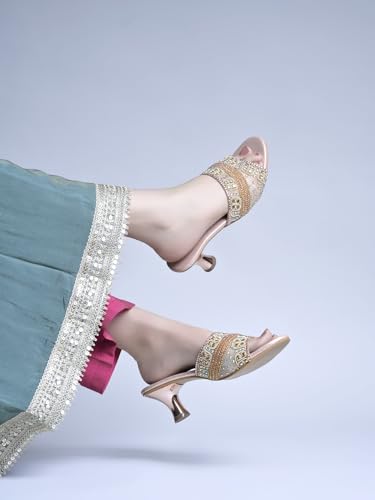 Shoetopia Women’s Rose-Gold Embellished Block Heel Sandals | Slip-On Party & Wedding Heels with Beaded Strap luxury footwear EU41