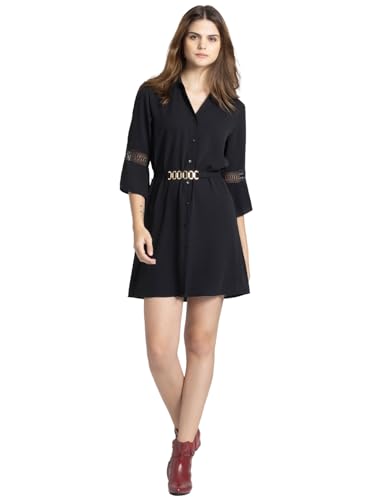 SHAYE Black Party 3/4th Sleeves Shirt Collar Solid Mini Dress for Women
