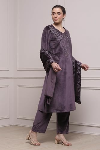 Biba Women Lavender Polyester Straight Dyed Suit Set_32