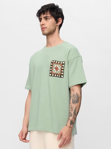 The Souled Store Ottoman T-Shirt: Indie Weave Men and Boys Short Sleeves Round Neck Green Embellished Cotton Blend Oversized T-Shirts