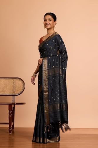 Taneira Women Black Bengal Pure Silk Aari Embroidered Saree with Unstitched Blouse Piece (SAIH01AC2215-Black)