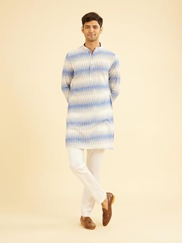 Manyavar Men's Cotton Blend Printed Mid Length Kurta(Light Blue,XXXL)