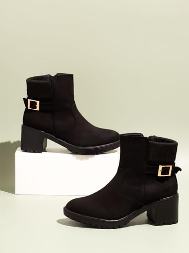 Inc.5 Women Black Round Toe Mid-Top Suede Chelsea Heeled Boots