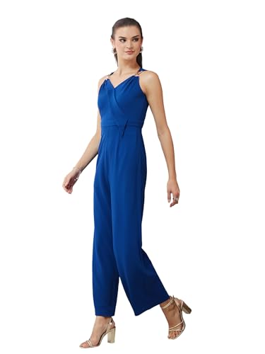 Miss Chase Womens V-Neck Sleeveless Solid Wrap/Straight Leg Regular Jumpsuit (MCAW19D08-48-229-03, Royal Blue, S)