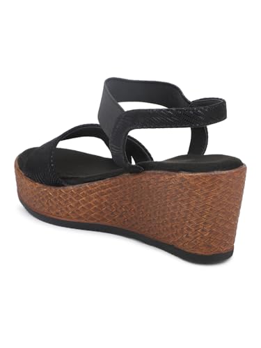 Women Black Textured Open-Toe Wedges