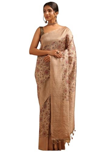 Soch Womens Olive Tussar Botanical Saree With Thread Work