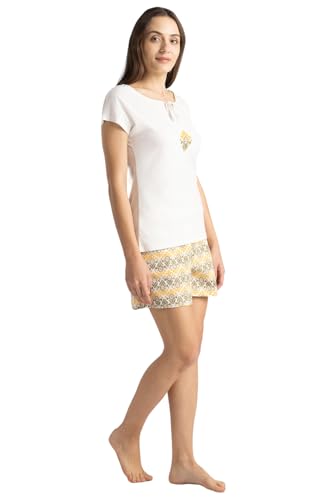 Van Heusen Women Round Neck Lounge T-Shirt and Shorts Set - Cotton - Short Sleeves,Elasticized Waistband_Lilly White_XXL