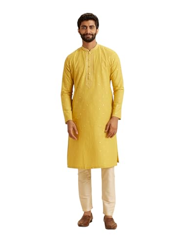 Manyavar Men's Blended Viscose Mirror Work Festive Kurta Pajama Set (Mustard,S)
