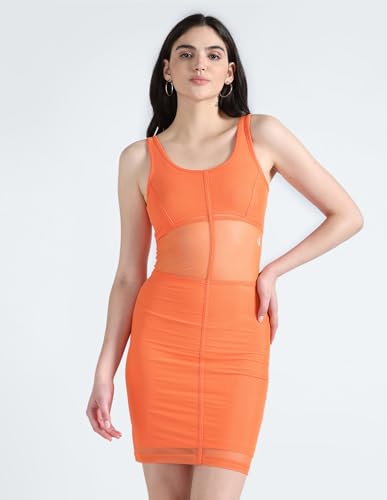 Calvin Klein Women's Polyester A-Line Above The Knee Dress (J221463SDD_Orange_S)