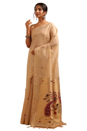 Soch Womens Beige Chanderi Bird Motifs Zari Woven Saree
