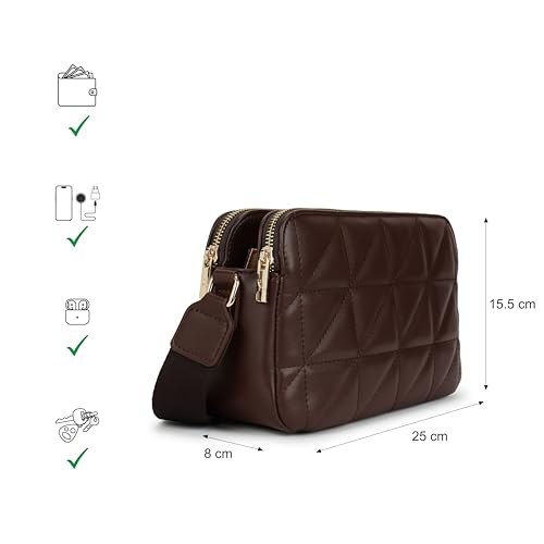 Fastrack Mocha Grid Sling | Faux-Leather Women’s Crossbody Bag | Multi-Compartment Sling with Gold Hardware & Zipper Closure