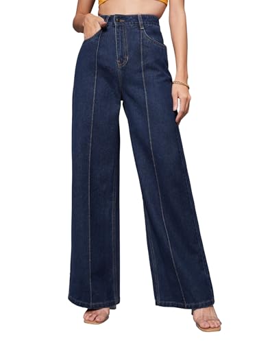 Miss Chase Women's Wide-Leg High-Rise Regular-Length Non-Stretchable Denim Jeans (MCSS18DEN02-19-963-30, Carbon Blue, 30)