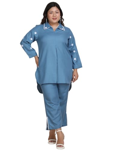 Bani Women Plus Size Blue Embroidered Co-ord Set with Collared Neck and Side Slit Pants | 2 Pec Out Fit Dress | Outerwear Dress