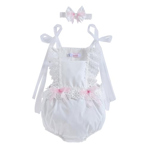 Hopscotch Girls Lace Bow Applique Onesie with Headband in White Color For Age (12-18 Months)