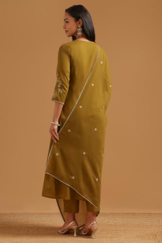 Soch Womens Olive Cotton Embroidered Botanical Thread Work Salwar Suit