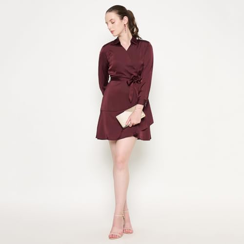 Madame Fabric Belted Cuff Sleeve Solid Chocolate Brown Satin Short Dress