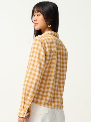 The Souled Store Looney Tunes: Tweety Women and Girls Full Sleeves Collared Yellow Checkered Cotton Linen Blend Regular Fit Lightweight Pop-Culture Embroidered Shirt for Casual Wear