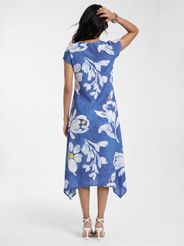 Max Women Floral Print Asymmetric Dress (Blue_M)