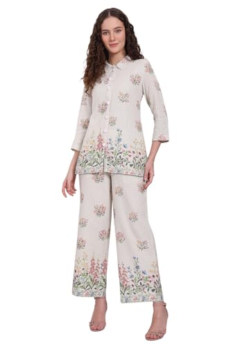 W for Woman White Floral Printed Checker Pure Cotton Shirt and Pants Co-ord Set (Size: S)-WS12976-125837