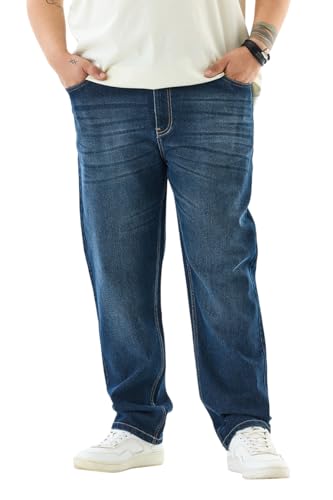 SNITCH Men Blue Casual Plus Size Jeans | Slim Fit Mid Rise Washed Denim with Turned-Up Cuffs | Cotton Blend Fabric with Smooth Texture & Medium Stretch for Summer Wear