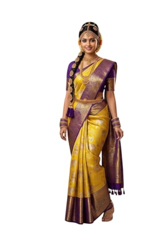 VFCollections Women's Traditional Handloom Kanchipuram Silk Pure Pattu Sarees – Butterfly Butta & Flowers Border | Rich Zari Woven Design | Bridal Saree | Unstitched Blouse (VFC696-3)