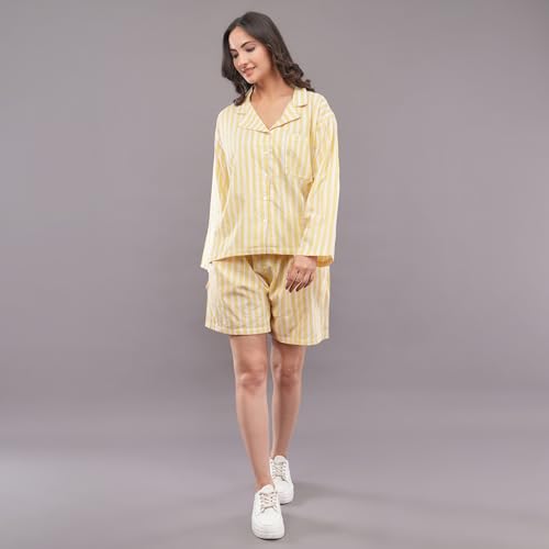 Women's Yellow Striped Lounge Co-ord Set | Full Sleeve Collared Button-Down Shirt with Shorts | Comfortable Casual Nightwear, Loungewear & Sleepwear Set for Women (in, Alpha, S, Regular)
