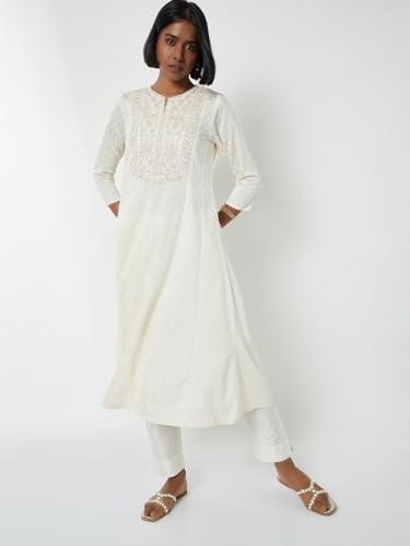 Max Women Embroidered A-line Kurta (White_XL)