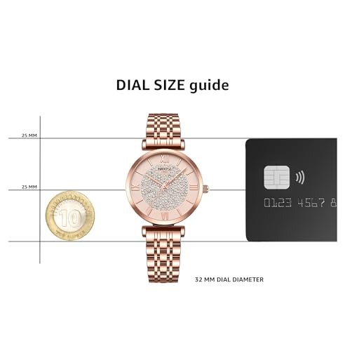NIBOSI Stainless Steel Women's Analogue Wrist Watch - Rose Gold Dial With Stylish Diamond Studded Design for Girls, Ladies & Miss