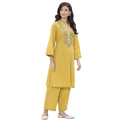 Rangriti Women Yellow Cotton Straight Kurta Set_46