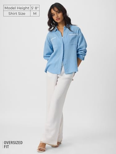 The Souled Store Textured Shirt: Sky Blue Women and Girls Long Sleeves Collared Neck Button Front Polyester Boyfriend Shirts