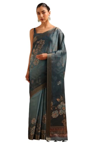 Soch Womens Blue Tissue Botanical Printed Saree