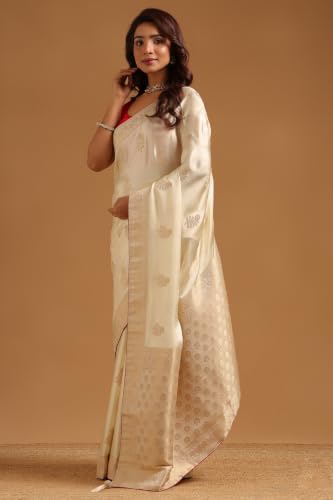 Soch Womens Cream Satin Botanical Zari Woven Saree