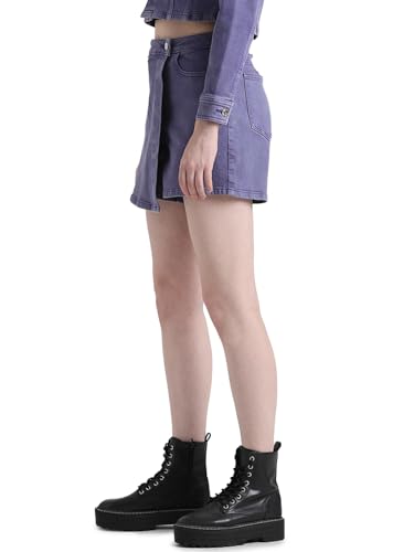 ONLY Women Solid Cotton High Rise Blue Denim Skort