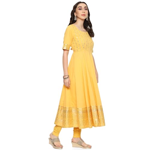 BIBA Women Cotton Blend Fitted Suit Set (Yellow)